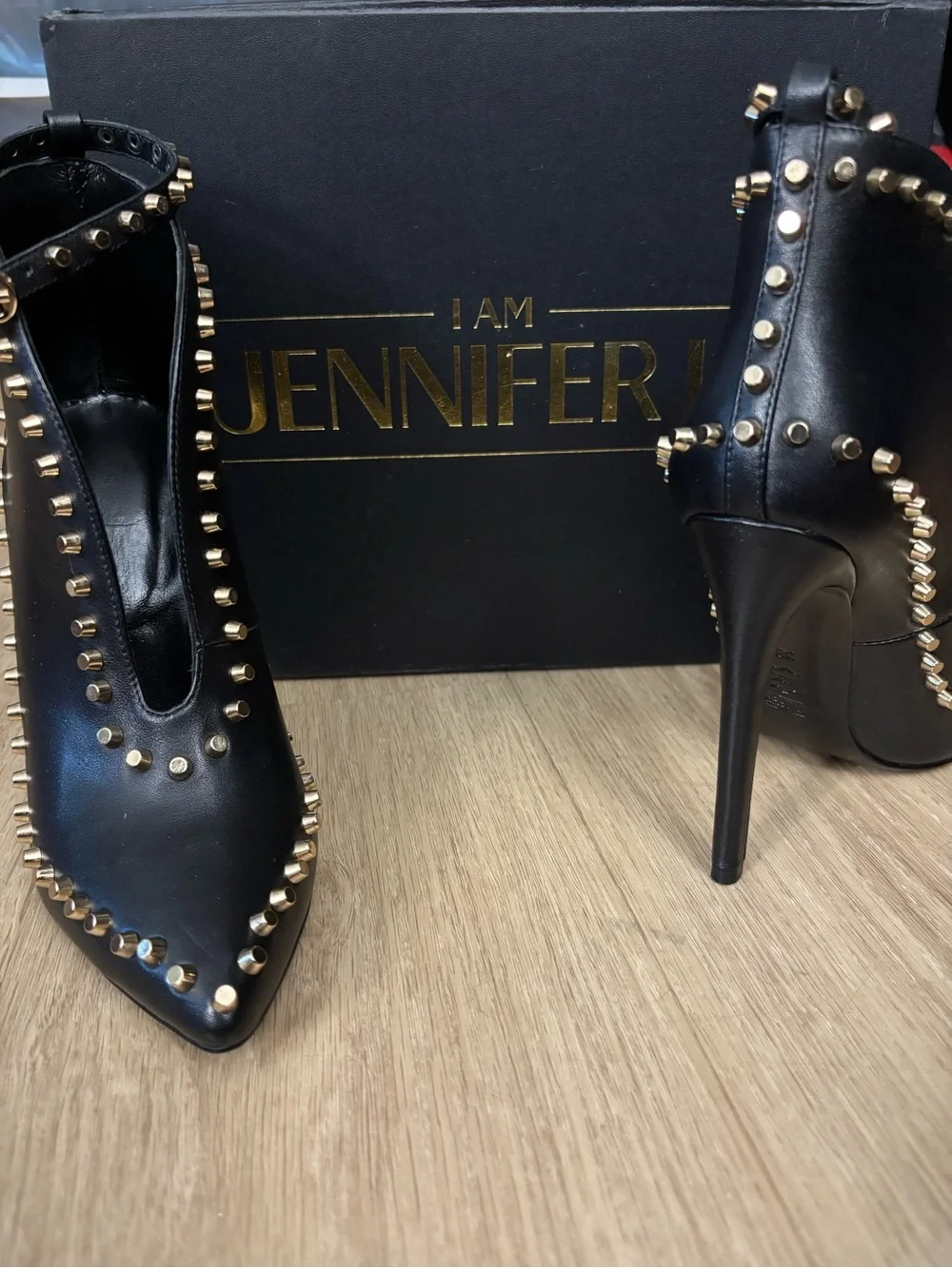 Black Pointed Stiletto Heels with Gold Stud Trim